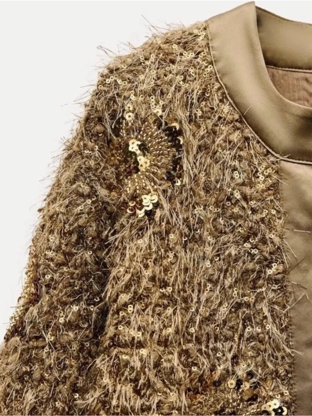 ZARA Brown Gold Fur Sequin Beaded Collarless Jacket